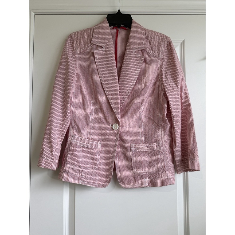 Liz Claiborne Women's Red and White Striped Cotton Blazer with Pockets Size 12